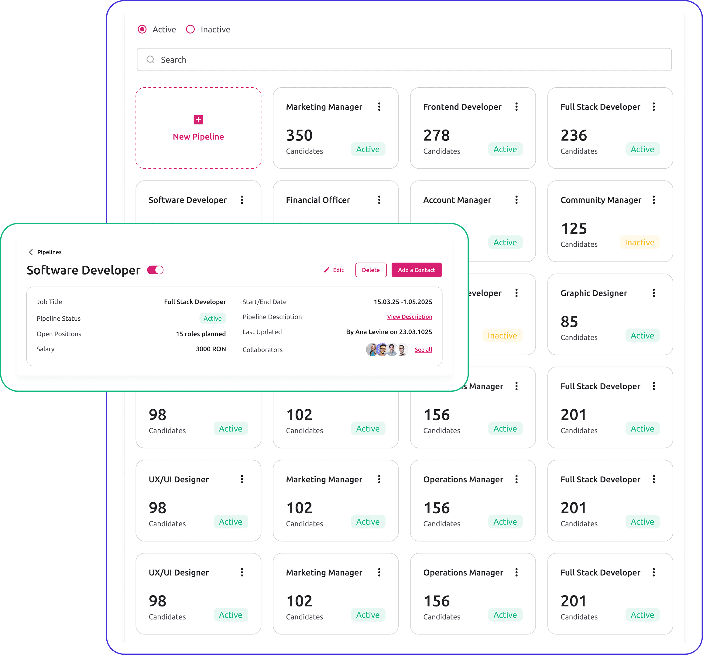 Visual pipeline management interface with candidate cards and job position lists